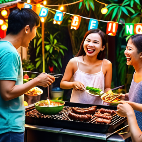 A vibrant outdoor BBQ scene in a Vietnamese neighborhood. Neighbors are gathered, grilling food, laughing, and enjoying each other's company. String lights and lush greenery add to the festive atmosphere.