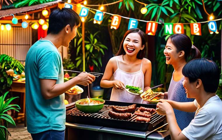 A vibrant outdoor BBQ scene in a Vietnamese neighborhood. Neighbors are gathered, grilling food, laughing, and enjoying each other's company. String lights and lush greenery add to the festive atmosphere.